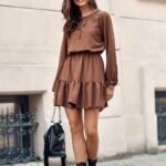Robe Marron Casual Courte Manches Longues