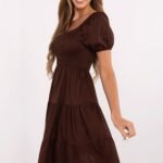 Robe Marron Trapeze Courte Manches Courtes