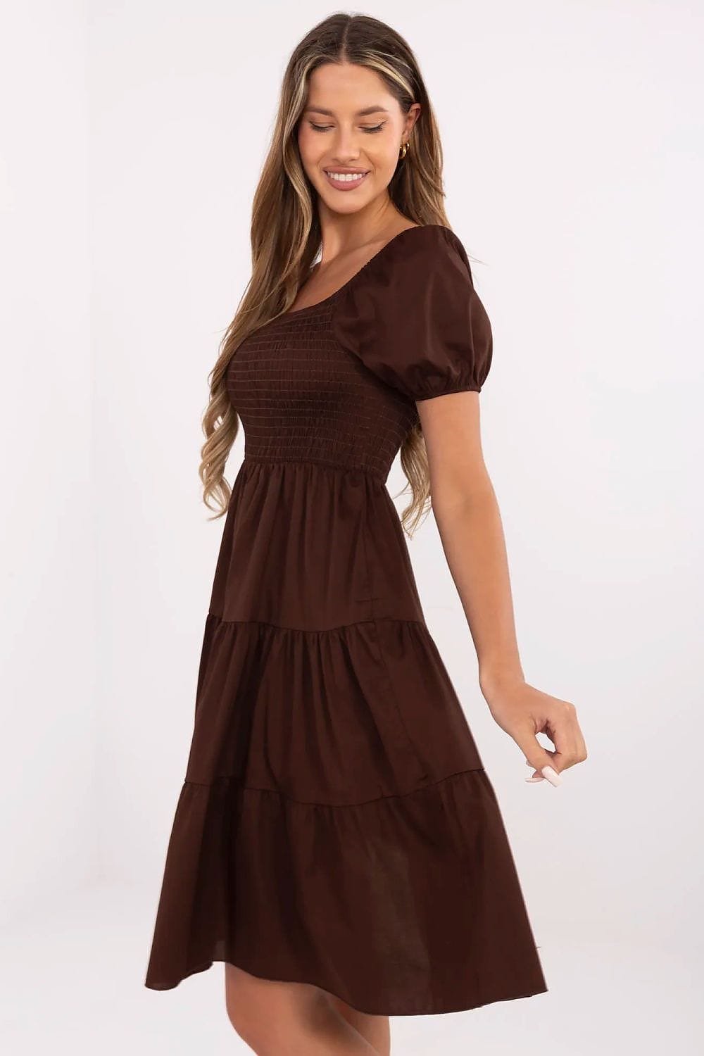 Robe Marron Trapeze Courte Manches Courtes