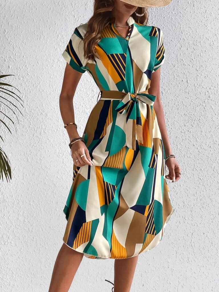 Robe Midi Coloree A Manches Courtes