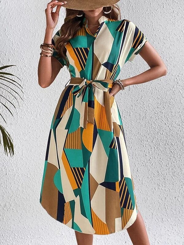 Robe Midi Coloree A Manches Courtes Multicouleure S