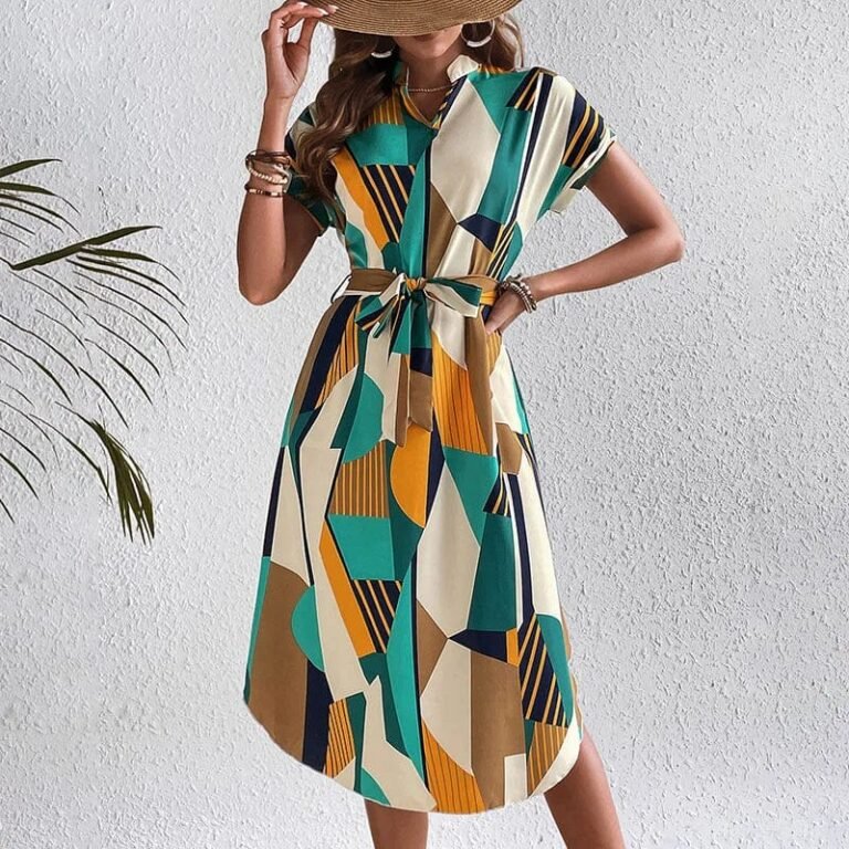 Robe Midi Coloree A Manches Courtes Multicouleure S