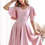 Robe Midi Drapee Manches Courtes Rose Poudre 38