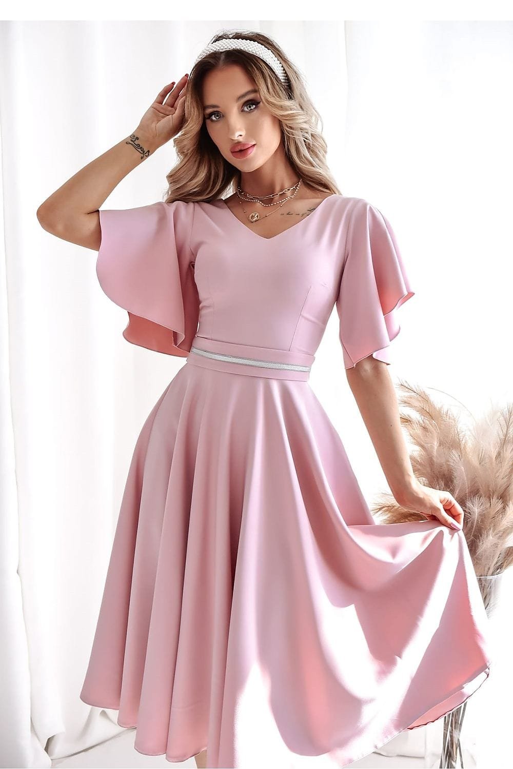 Robe Midi Drapee Manches Courtes Rose Poudre 38