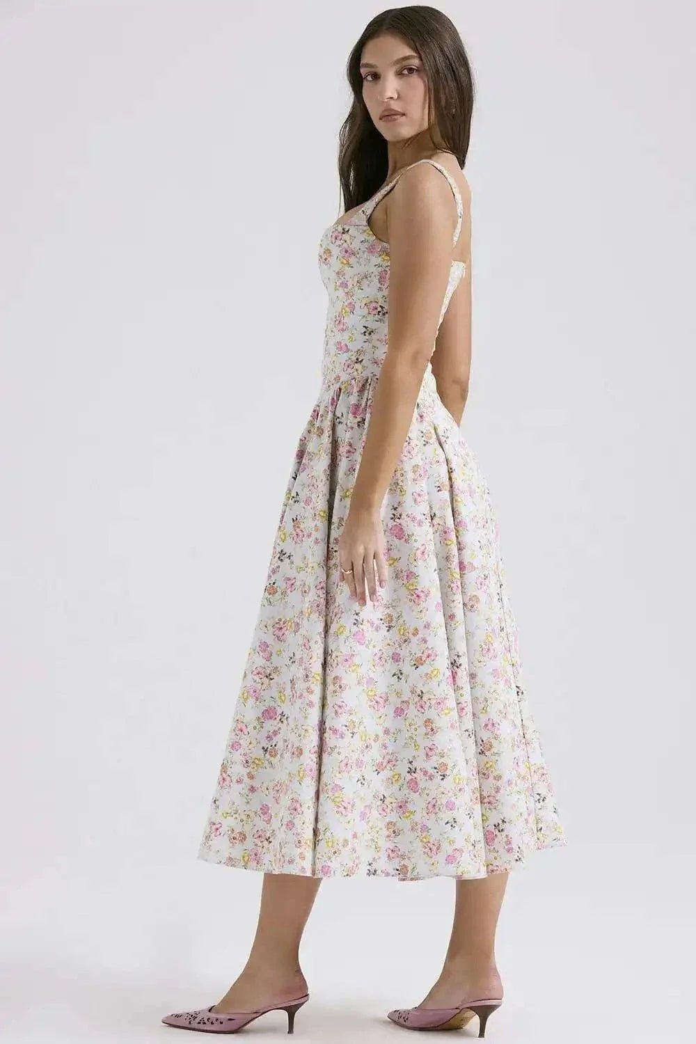 Robe Midi Evasee Fleurie Col Carre 2