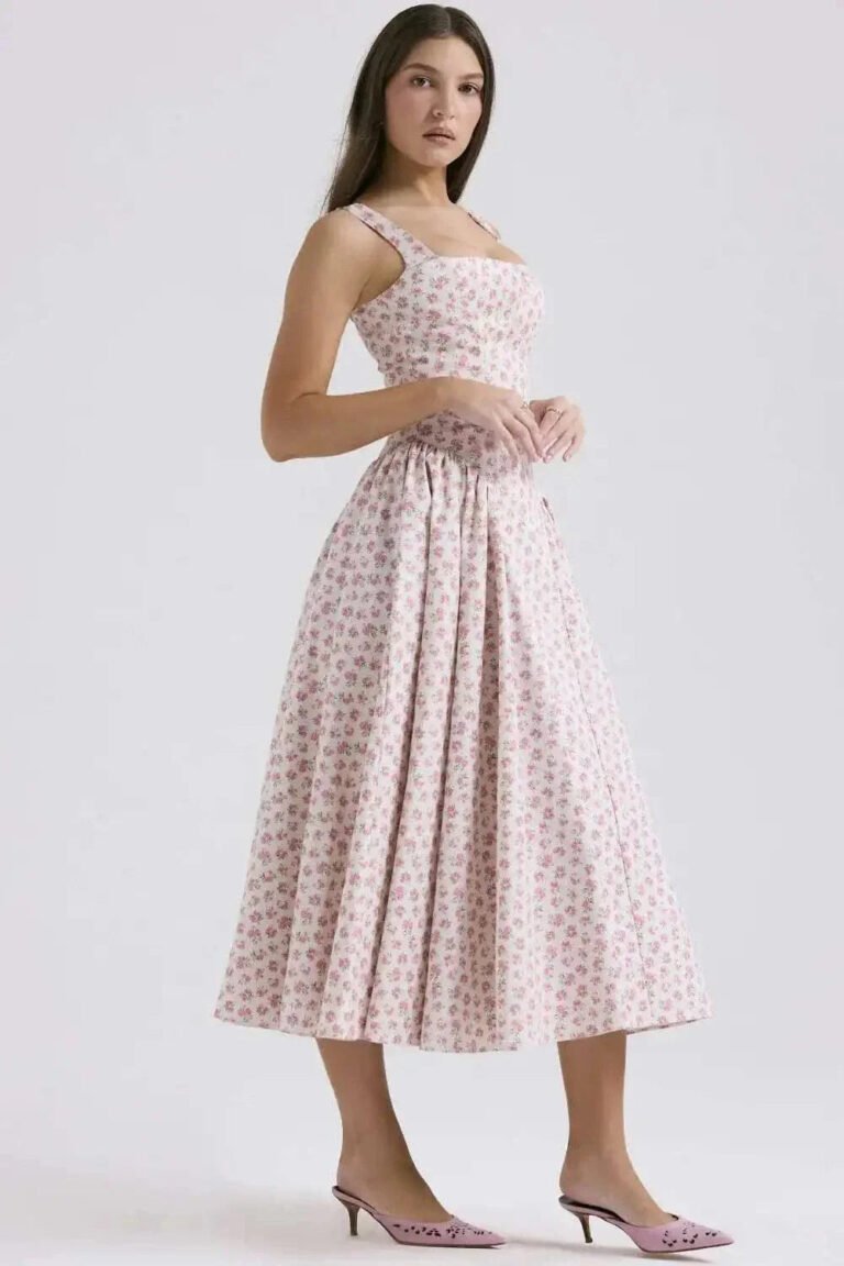 Robe Midi Evasee Fleurie Col Carre