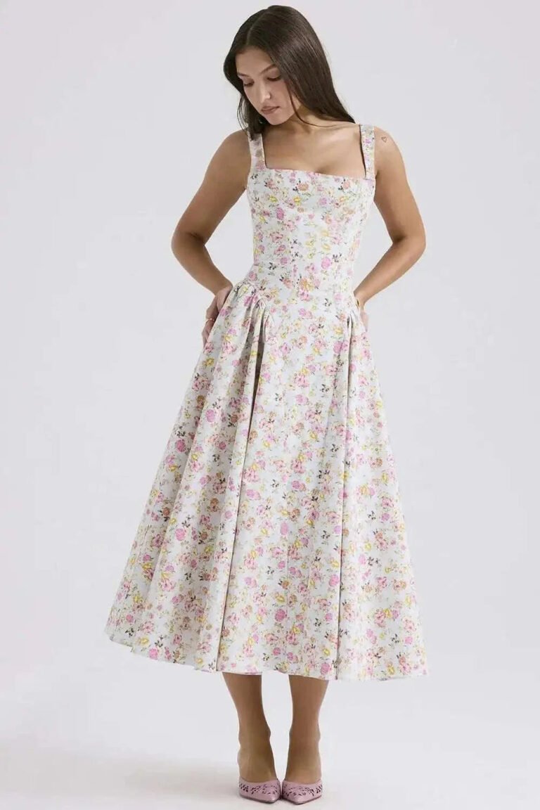 Robe Midi Evasee Fleurie Col Carre Multicouleur S
