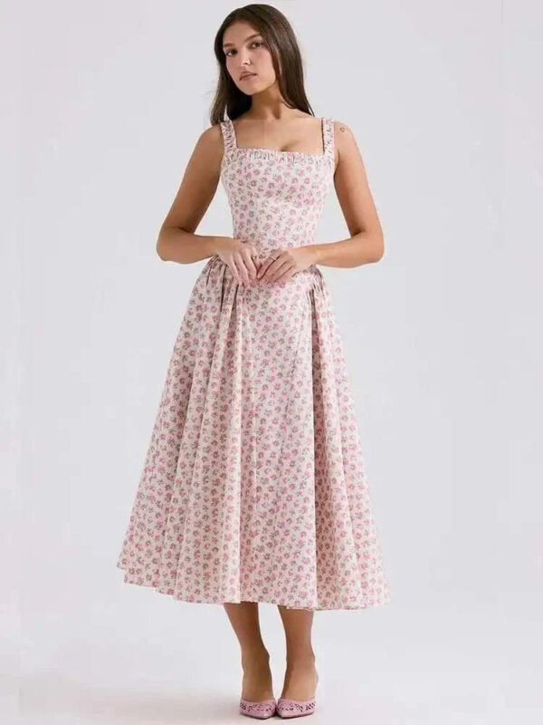 Robe Midi Evasee Fleurie Col Carre Rose S