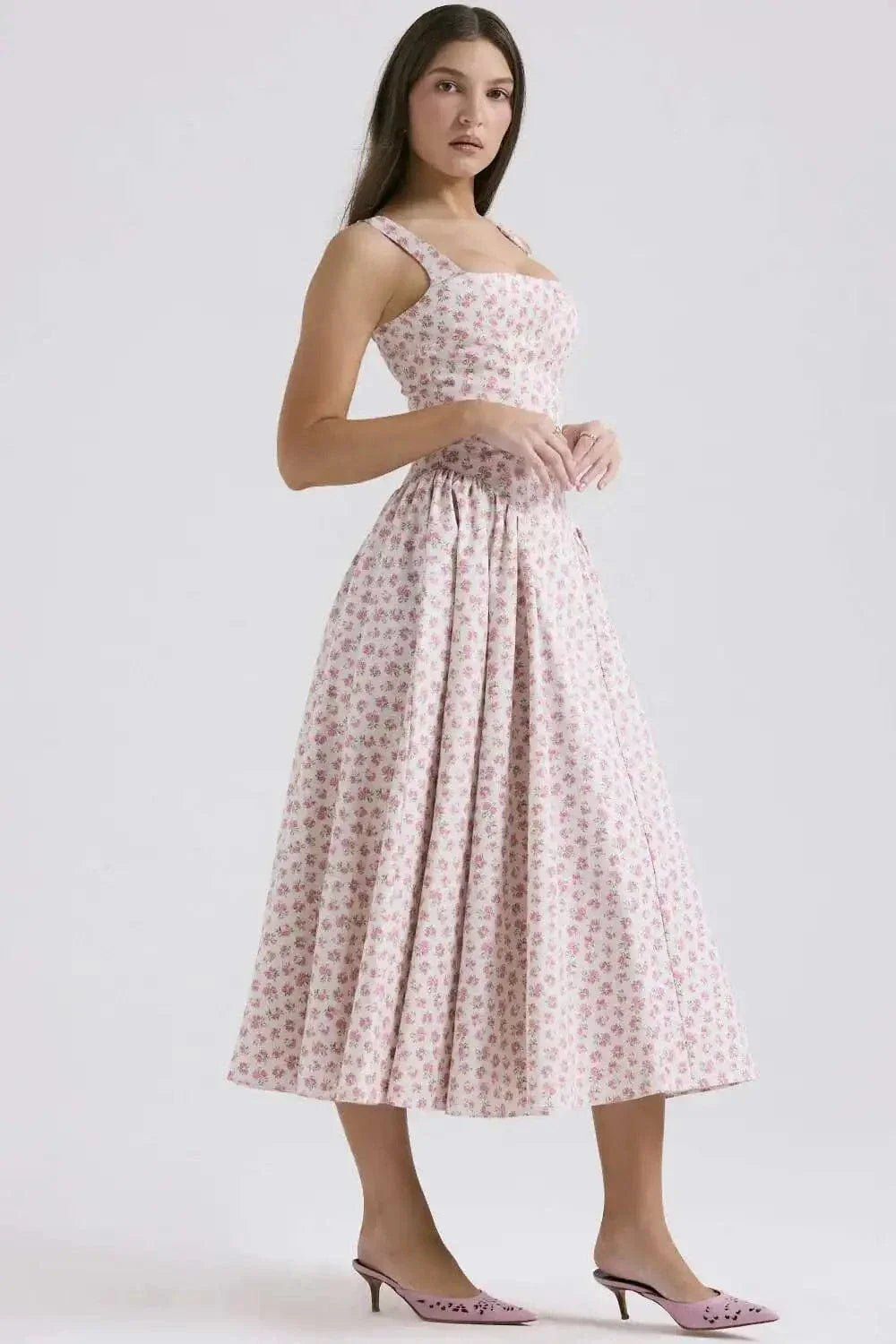 Robe Midi Evasee Fleurie Col Carre