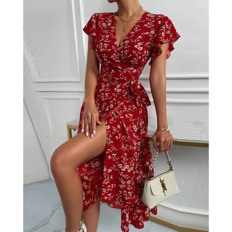 Robe Midi Fleurie Rouge Avec Manches Volants Rouge S