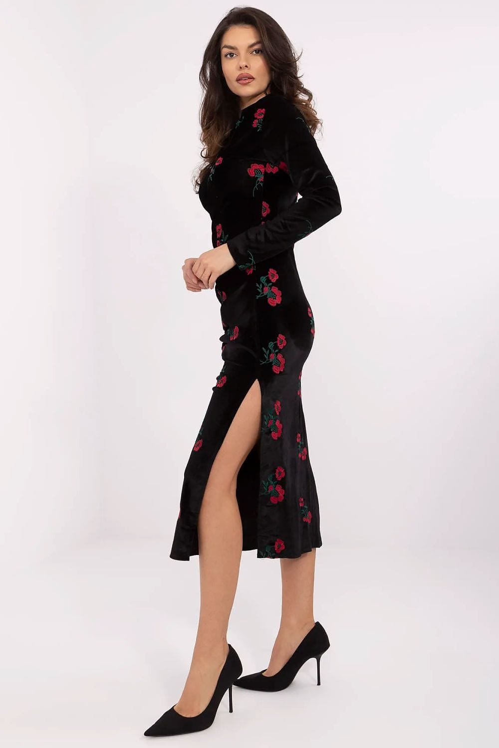 Robe Midi Manches Longues Noire A Fleurs 2