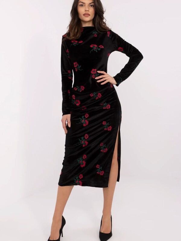 Robe Midi Manches Longues Noire A Fleurs Noir M