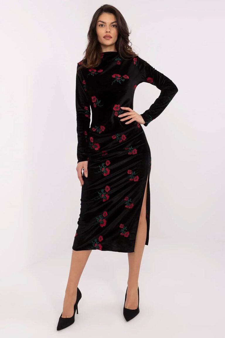 Robe Midi Manches Longues Noire A Fleurs Noir M