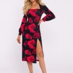 Robe Midi Motif Fleuri Encolure Carree Noir Et Rouge S