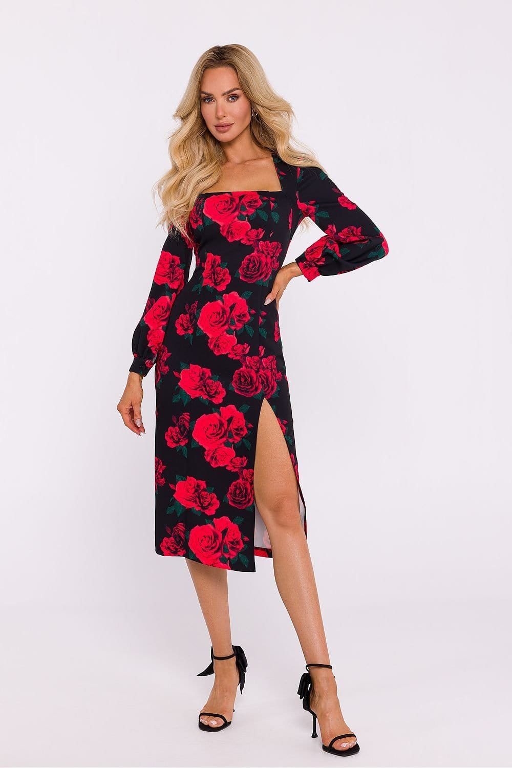 Robe Midi Motif Fleuri Encolure Carree Noir Et Rouge S