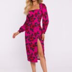 Robe Midi Motif Fleuri Encolure Carree Rose S