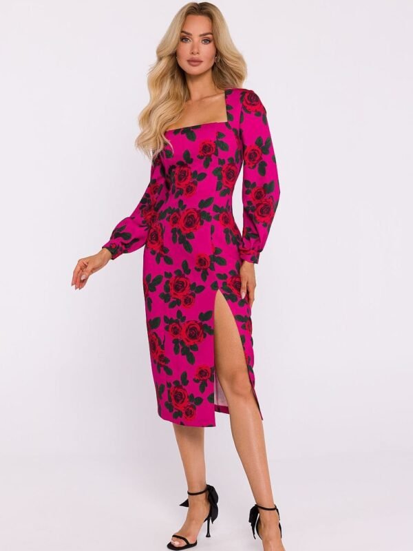 Robe Midi Motif Fleuri Encolure Carree Rose S