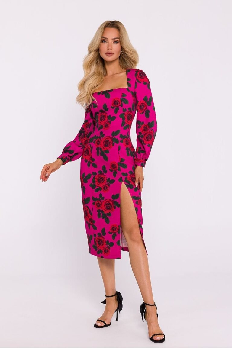 Robe Midi Motif Fleuri Encolure Carree Rose S