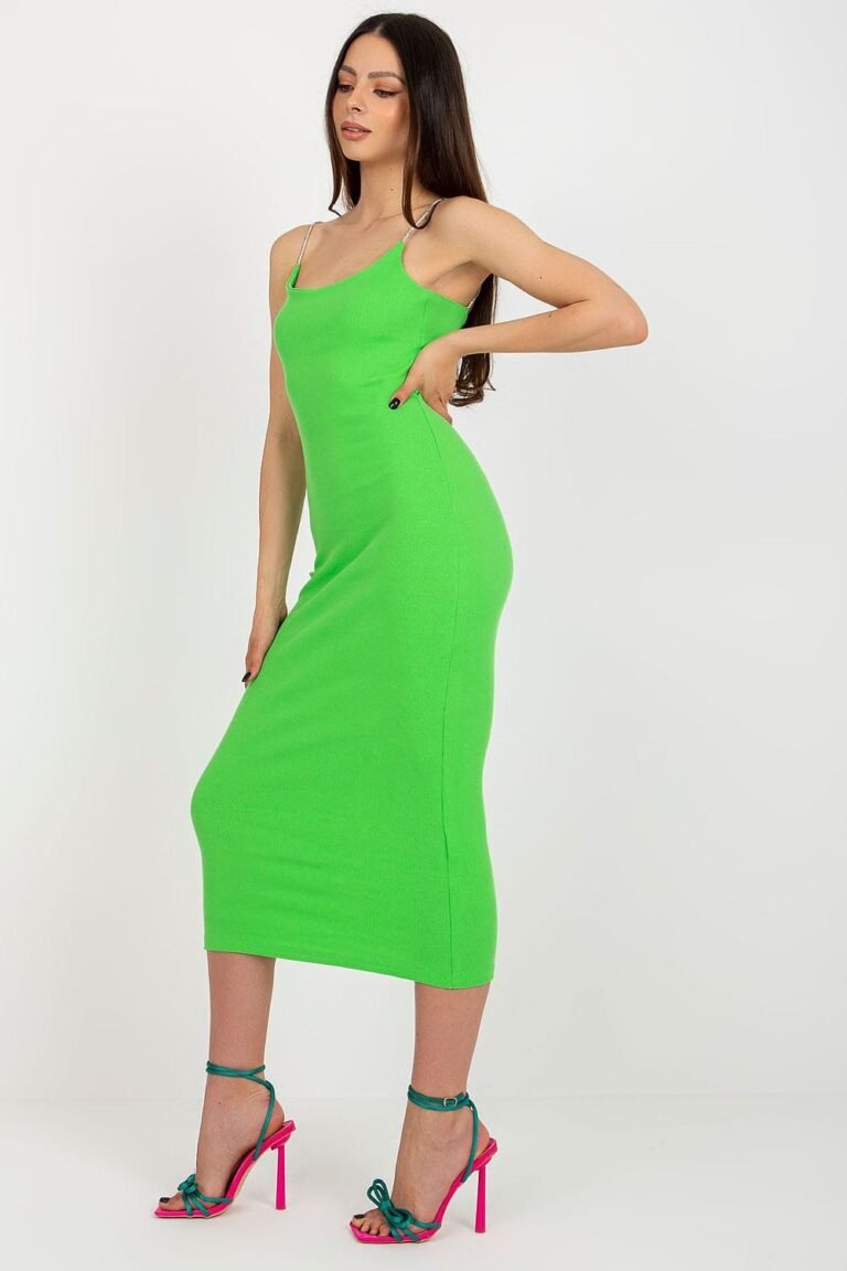 Robe Midi Moulante A Bretelles Decoratives Vert S
