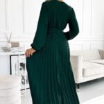 Robe Midi Plissee Verte Manches Longues Et Large Ceinture