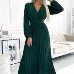 Robe Midi Plissee Verte Manches Longues Et Large Ceinture Vert Taille Unique