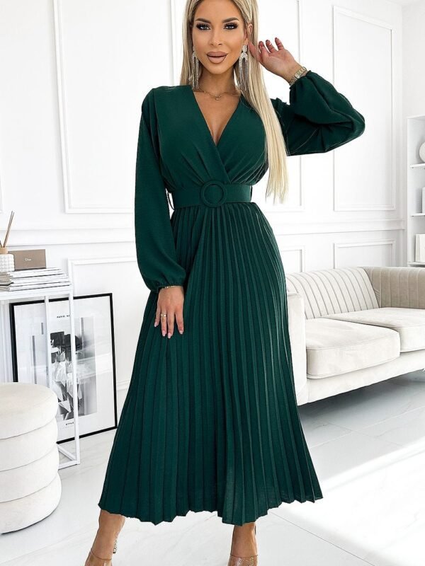 Robe Midi Plissee Verte Manches Longues Et Large Ceinture Vert Taille Unique