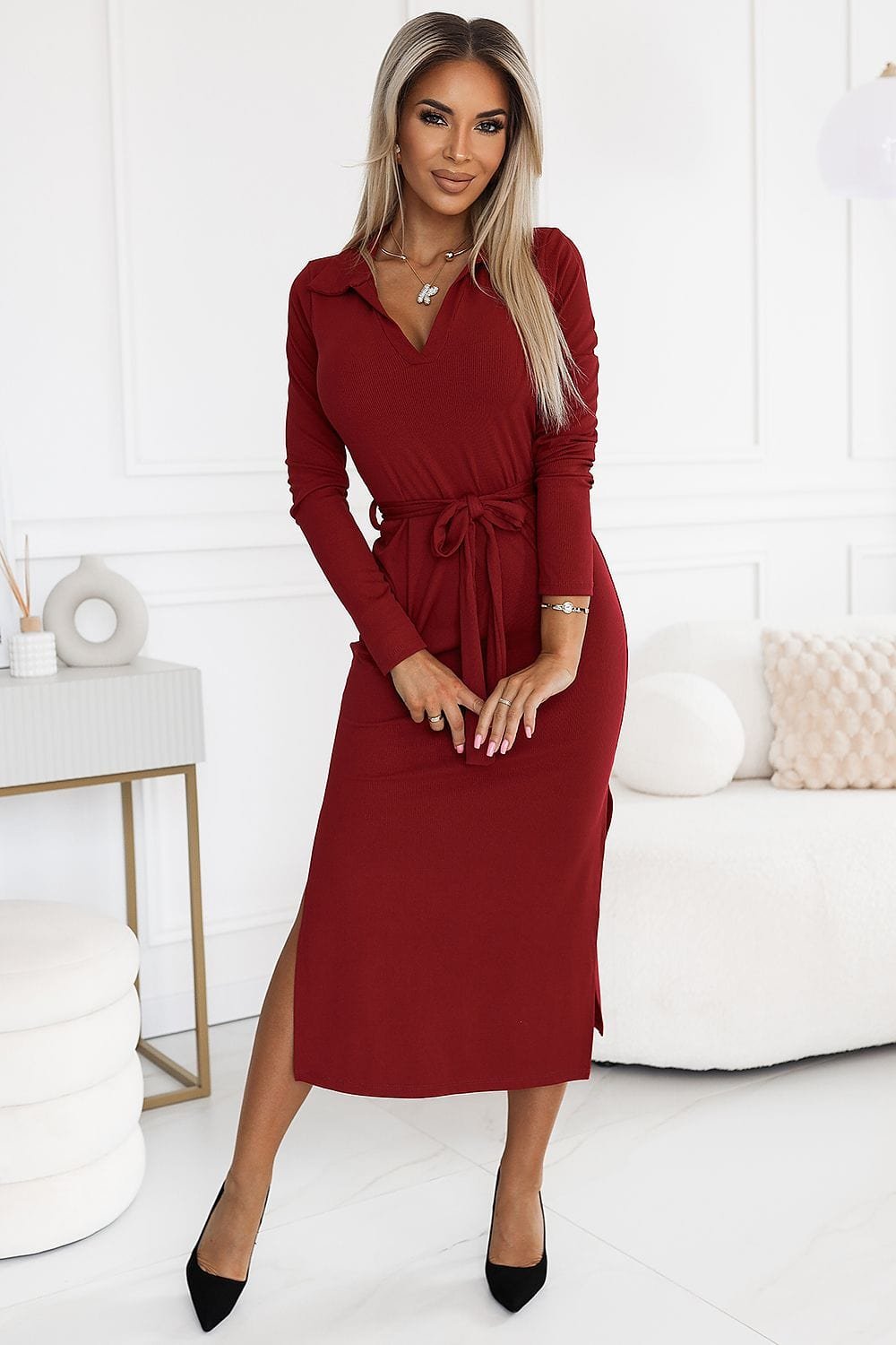 Robe Midi Rouge A Manches Longues