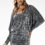 Robe Mini A Paillettes Manches Longues Argent S