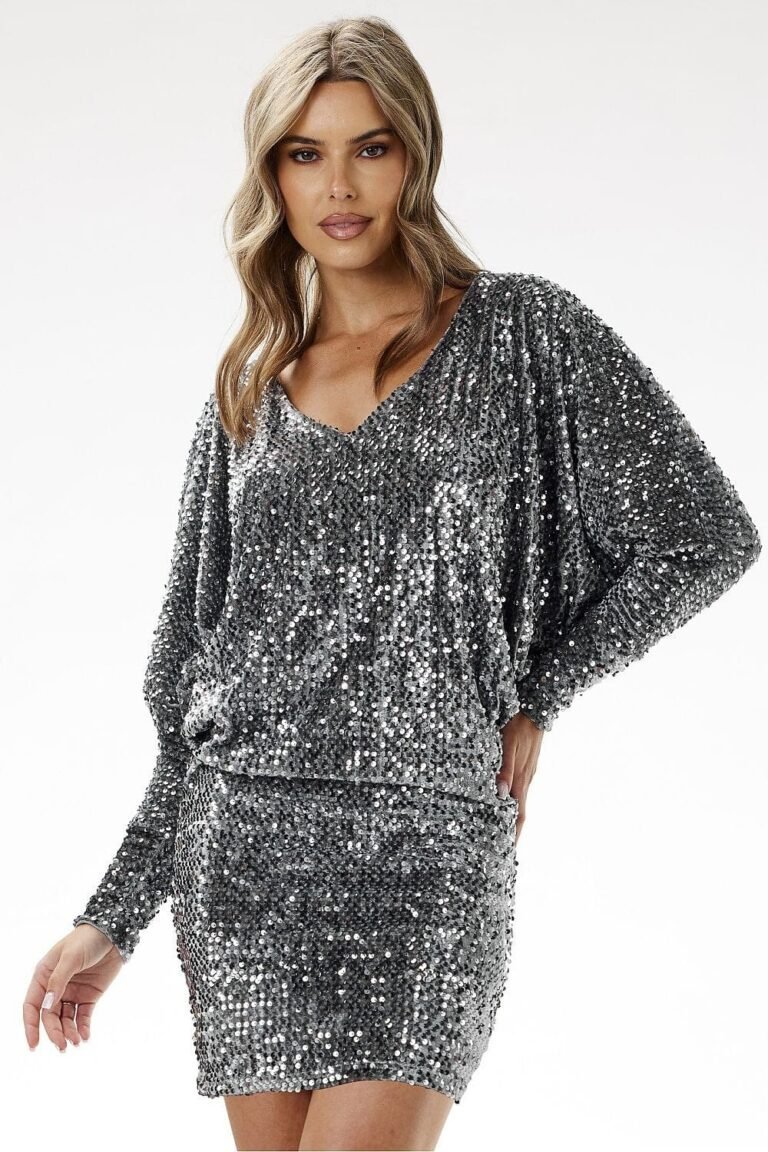 Robe Mini A Paillettes Manches Longues Argent S