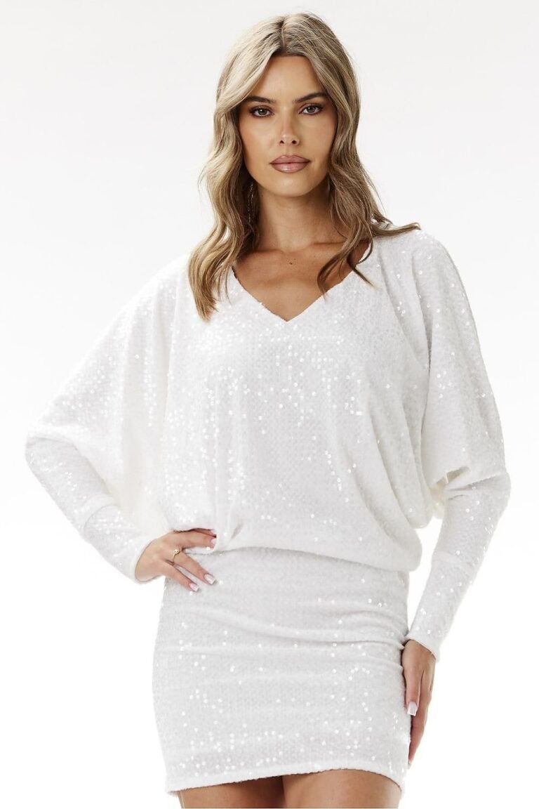 Robe Mini A Paillettes Manches Longues Blanc S