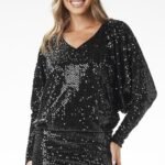 Robe Mini A Paillettes Manches Longues Noir S