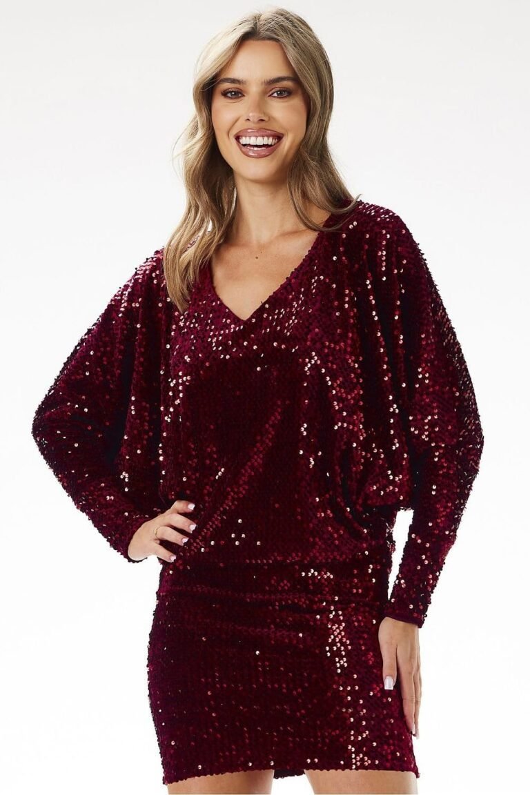 Robe Mini A Paillettes Manches Longues Rouge S