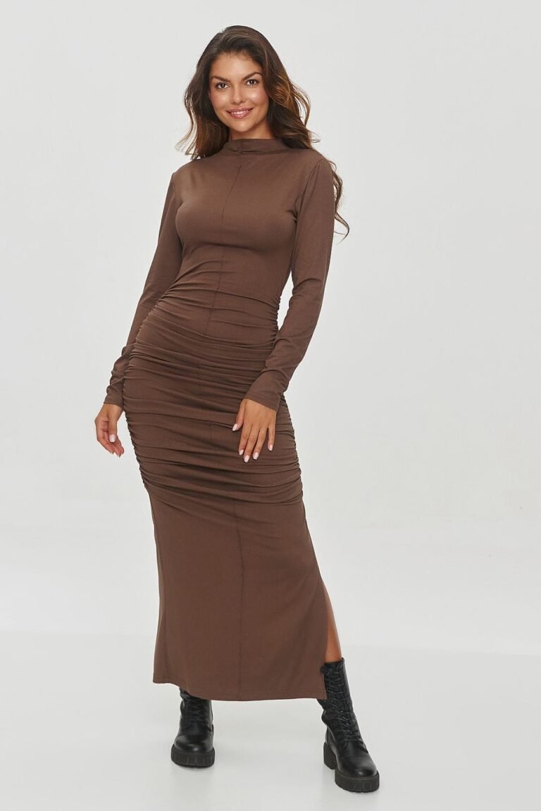 Robe Moulante Col Roule Longue Fendue Marron 34