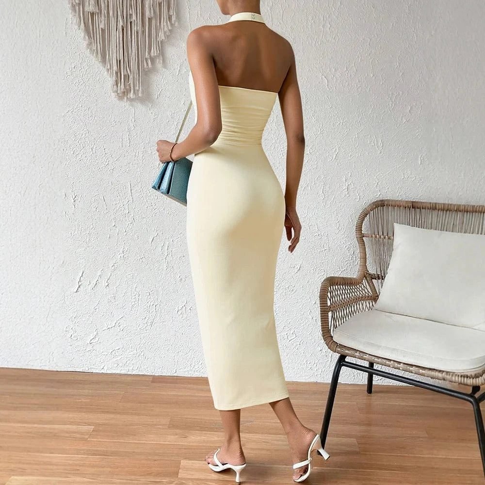 Robe Moulante Jaune Midi Sans Manches 3