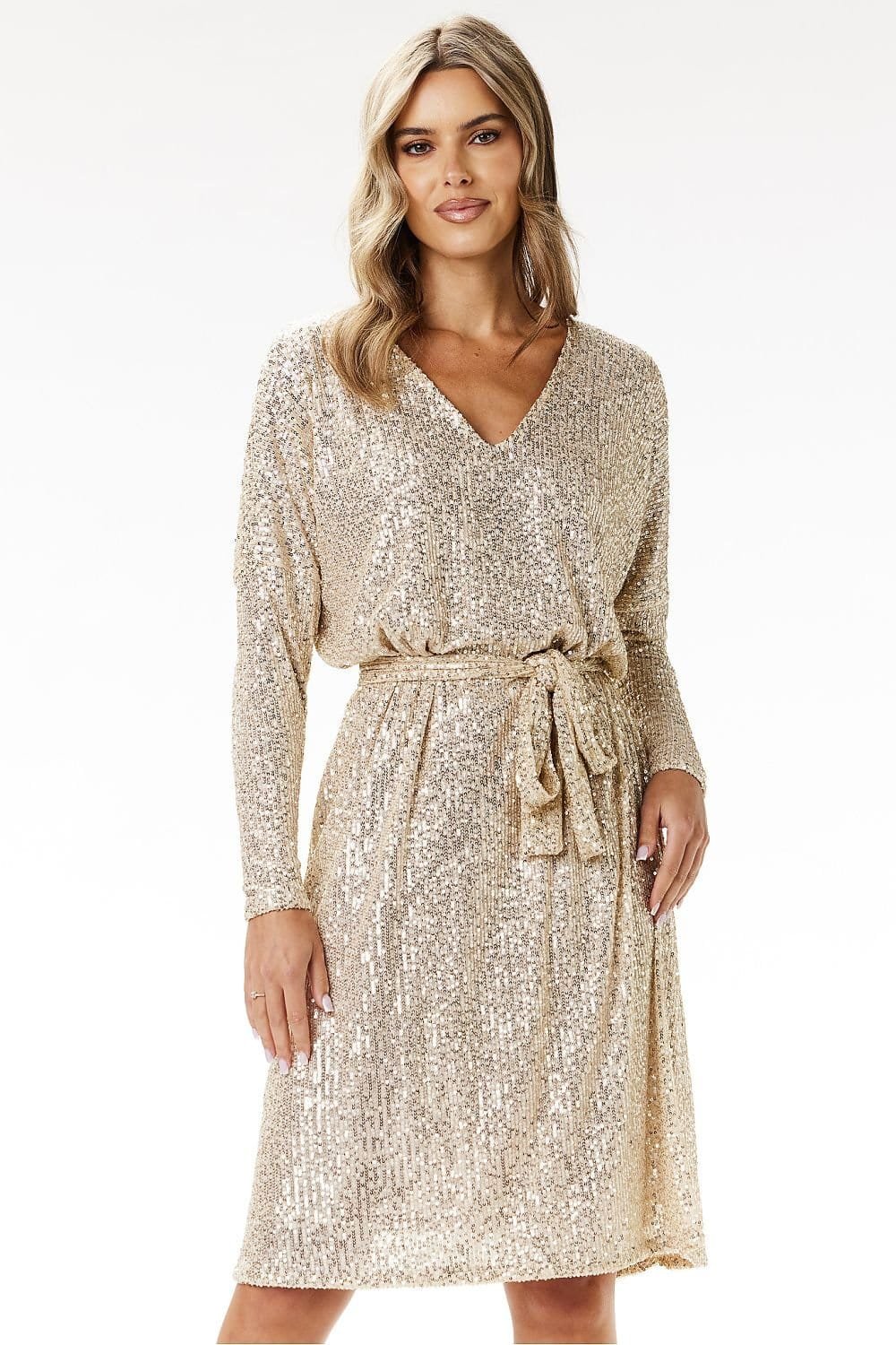Robe Pailletee Manches Longues Beige S M