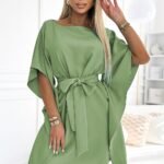 Robe Papillon Verte Olive Courte Ceinturee Vert Olive S M