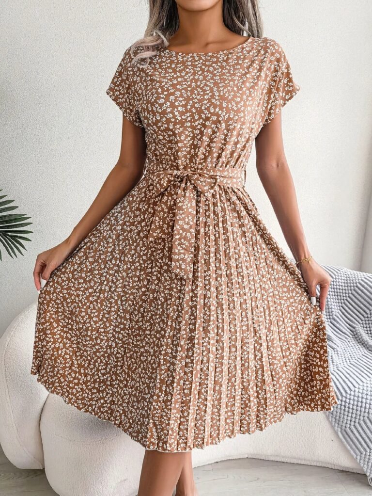 Robe Plissee A Fleurs Et Ceinture A Nouer Beige S