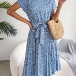Robe Plissee A Fleurs Et Ceinture A Nouer Bleu S