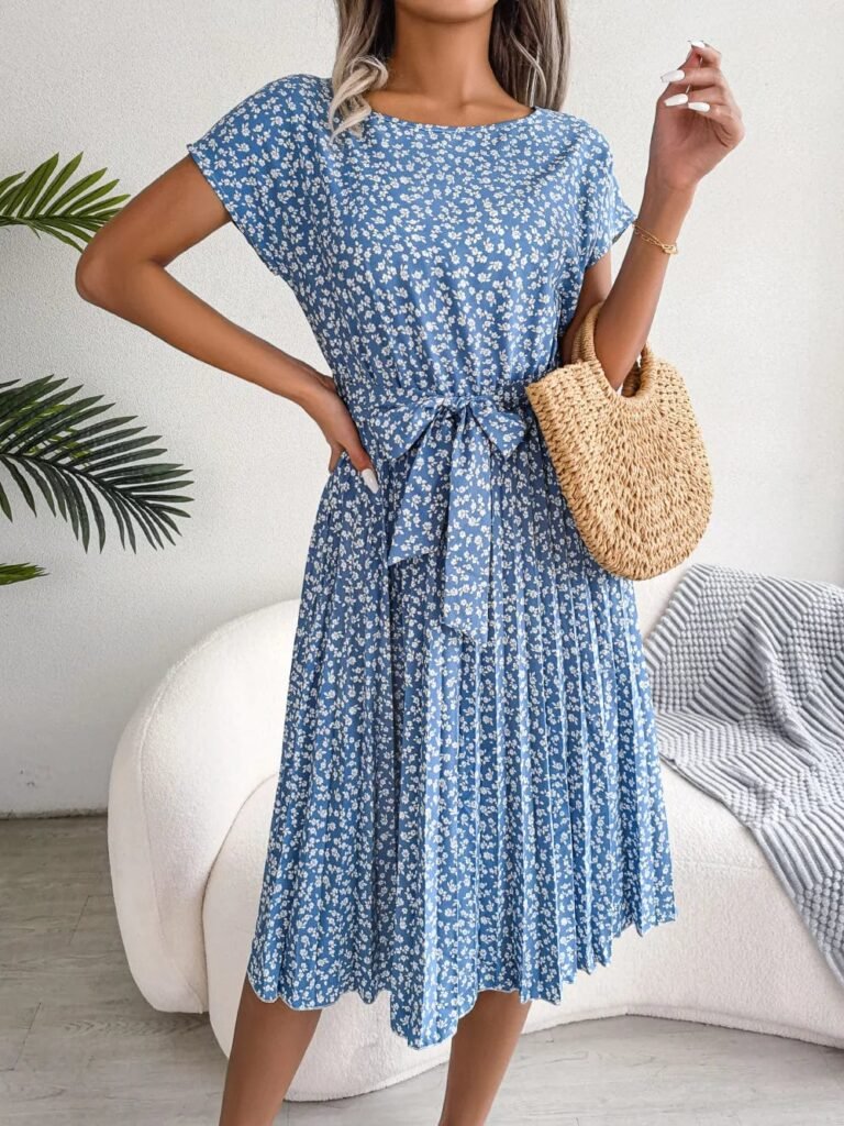 Robe Plissee A Fleurs Et Ceinture A Nouer Bleu S