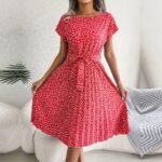 Robe Plissee A Fleurs Et Ceinture A Nouer Rouge S