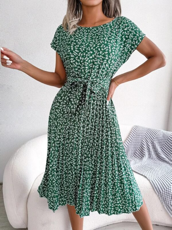 Robe Plissee A Fleurs Et Ceinture A Nouer Vert S