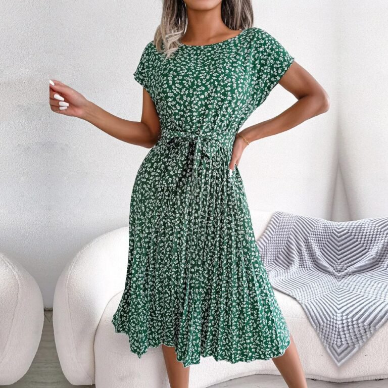 Robe Plissee A Fleurs Et Ceinture A Nouer Vert S