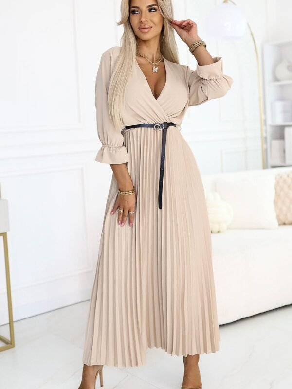 Robe Plissee Beige Manches Longues Beige Taille Unique