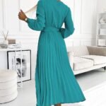 Robe Plissee Midi Turquoise A Manches Longues
