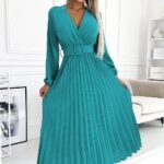 Robe Plissee Midi Turquoise A Manches Longues Bleu Taille Unique