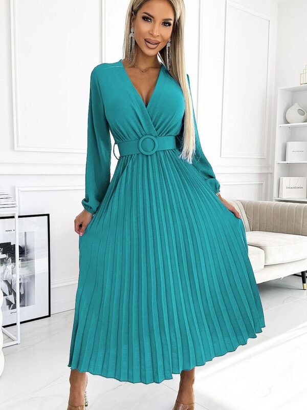 Robe Plissee Midi Turquoise A Manches Longues Bleu Taille Unique