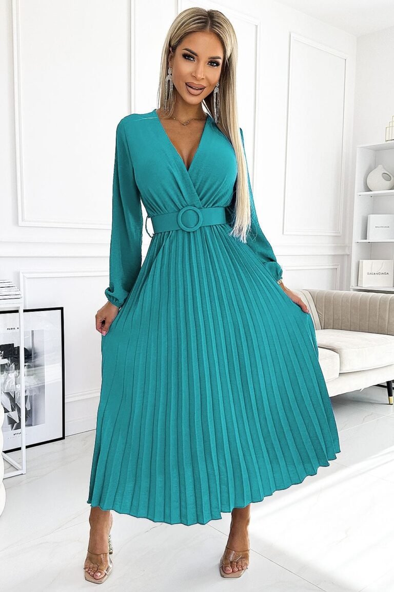 Robe Plissee Midi Turquoise A Manches Longues Bleu Taille Unique