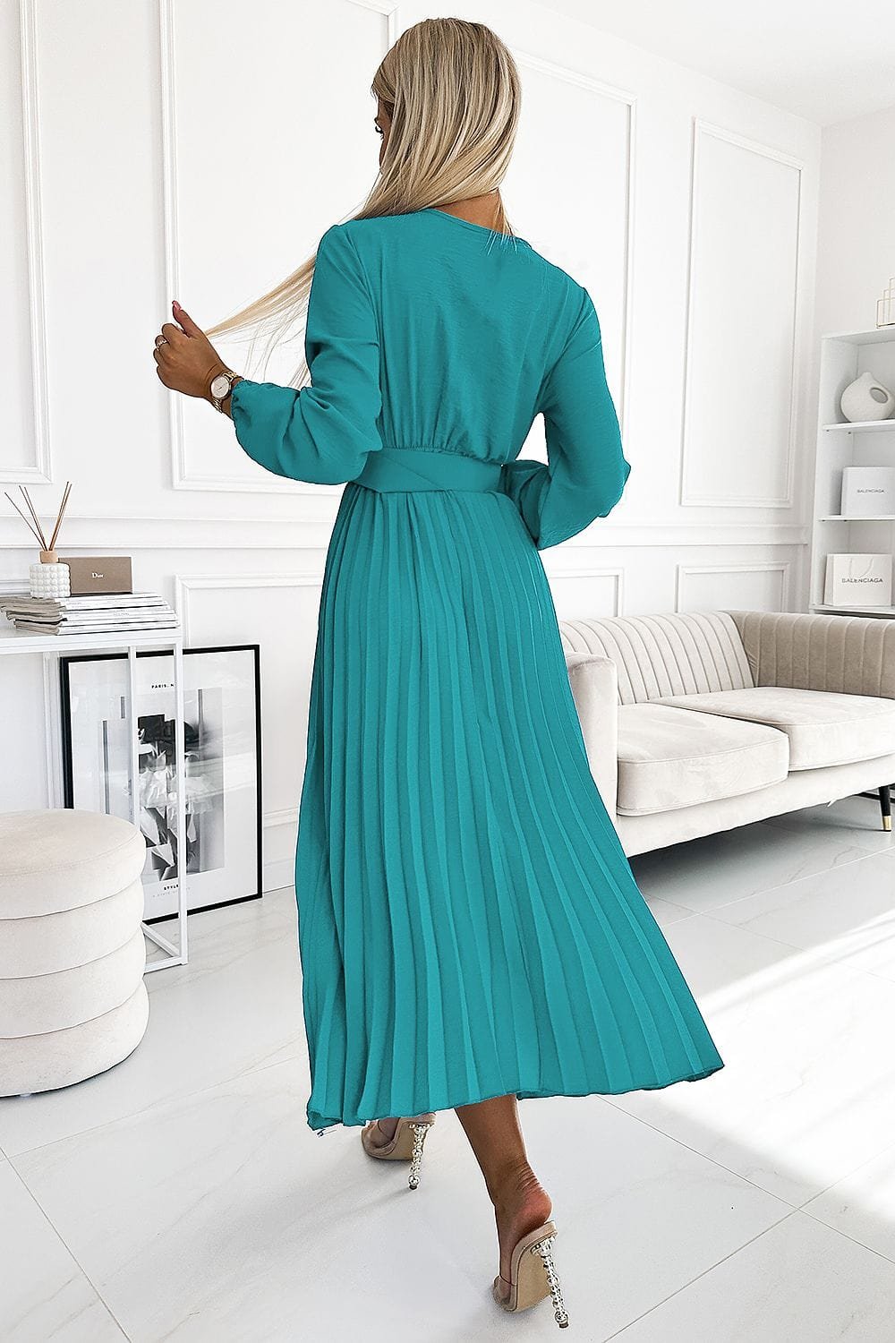 Robe Plissee Midi Turquoise A Manches Longues