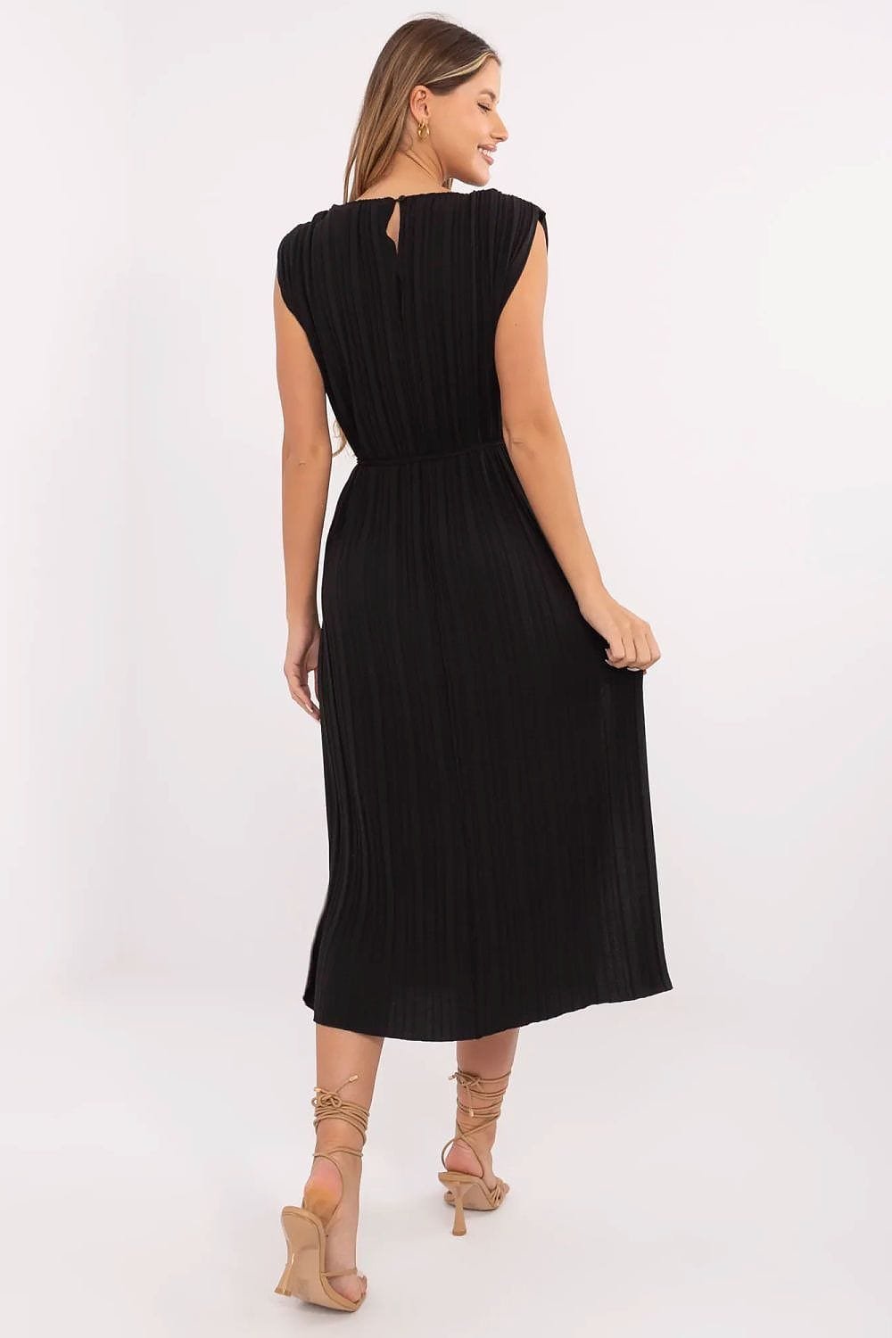 Robe Plissee Noire Midi Sans Manches 2