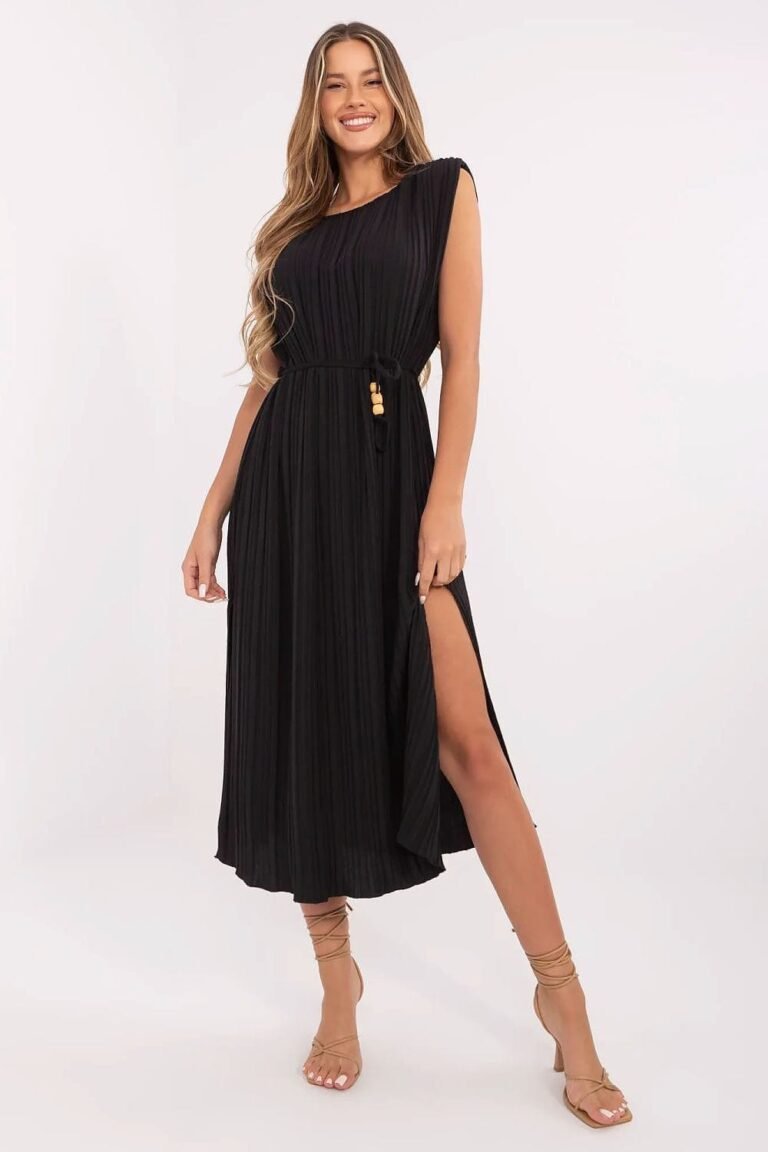 Robe Plissee Noire Midi Sans Manches